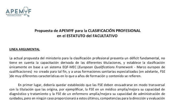 Propuesta de sindicato medico avanza y APEMYF para la CLASIFICACIÓN PROFESIONAL en el ESTATUTO del FACULTATIVO