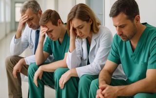 Cuatro médicos exhaustos con uniforme sanitario, sentados en un pasillo de hospital, tras una jornada intensa. Imagen representativa de la sobrecarga asistencial que denuncia el Sindicato Médico Avanza.