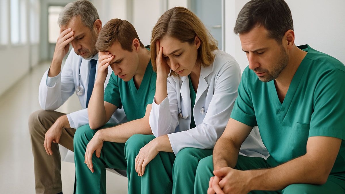 Cuatro médicos exhaustos con uniforme sanitario, sentados en un pasillo de hospital, tras una jornada intensa. Imagen representativa de la sobrecarga asistencial que denuncia el Sindicato Médico Avanza.