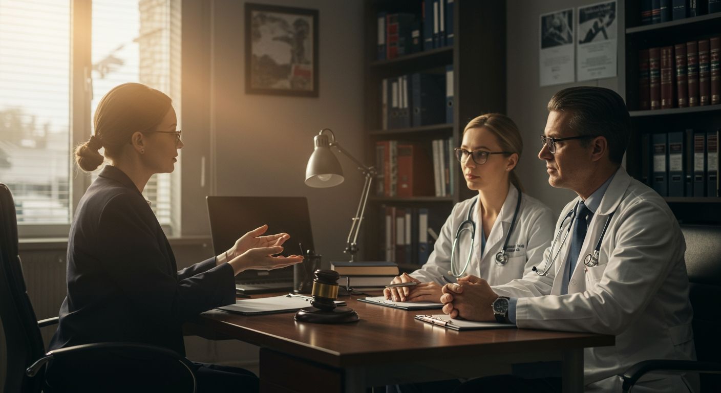 Reunión legal entre abogada Sindicato Medico Avanza y médicos en despacho profesional Abogada del sindicato medico avanza especializada en derecho sanitario asesorando a dos médicos en su despacho
