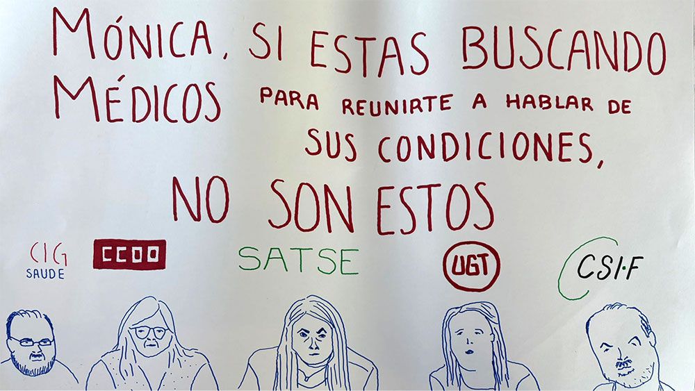 Pancarta crítica con los interlocutores sindicales elegidos por Sanidad Cartel médico en protesta: “Mónica, si estás buscando médicos, no son estos”, señalando a sindicatos generalistas y reclamando interlocución específica.