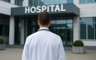 Médico de espaldas con bata blanca y estetoscopio, entrando en un hospital.