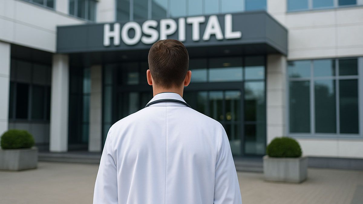 Médico de espaldas con bata blanca y estetoscopio, entrando en un hospital.