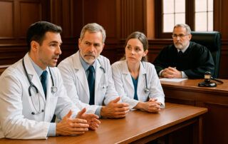 Grupo de médicos reunidos en un entorno judicial, simbolizando la carga de responsabilidad clínica. Imagen del Sindicato Médico Avanza.