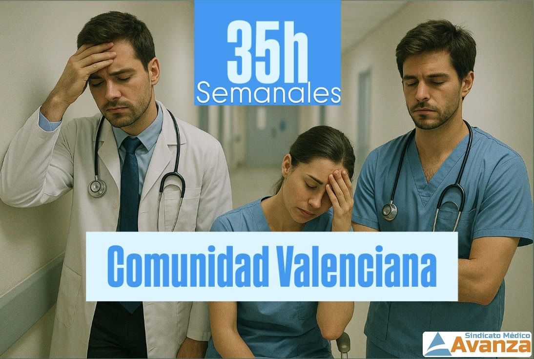 Médicos y personal sanitario cansados, reivindicando la jornada laboral de 35 horas semanales en la Sanidad de la Comunidad Valenciana