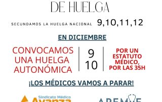Cartel del calendario de adviento de huelga médica de diciembre, con huelga autonómica los días 9 y 10 por el Estatuto Médico y las 35 horas, convocada por Sindicato Médico Avanza y APEMYF.