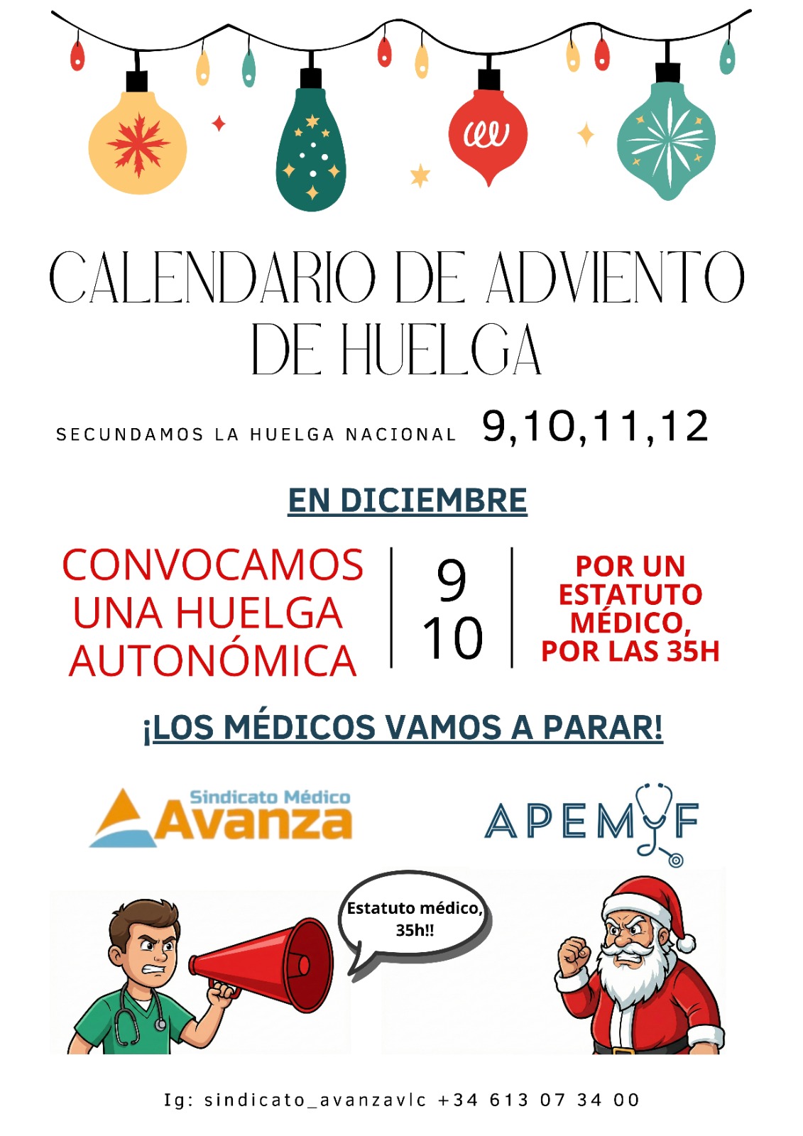 Cartel del calendario de adviento de huelga médica de diciembre, con huelga autonómica los días 9 y 10 por el Estatuto Médico y las 35 horas, convocada por Sindicato Médico Avanza y APEMYF.
