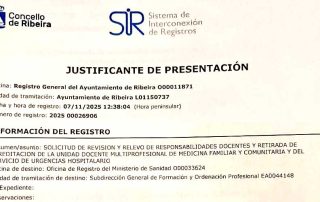 Justificante de registro de la solicitud para suspender la docencia MIR en Urgencias del Hospital de Elche