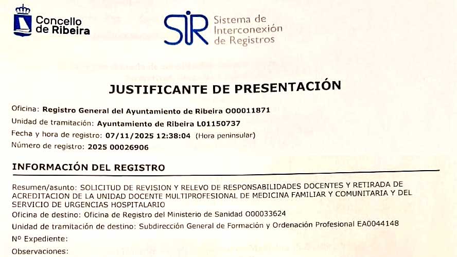 Justificante de registro de la solicitud para suspender la docencia MIR en Urgencias del Hospital de Elche