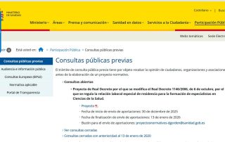 Captura de la web del Ministerio de Sanidad con la consulta pública previa para modificar el RD 1146/2006 sobre jornada y guardias de residentes MIR