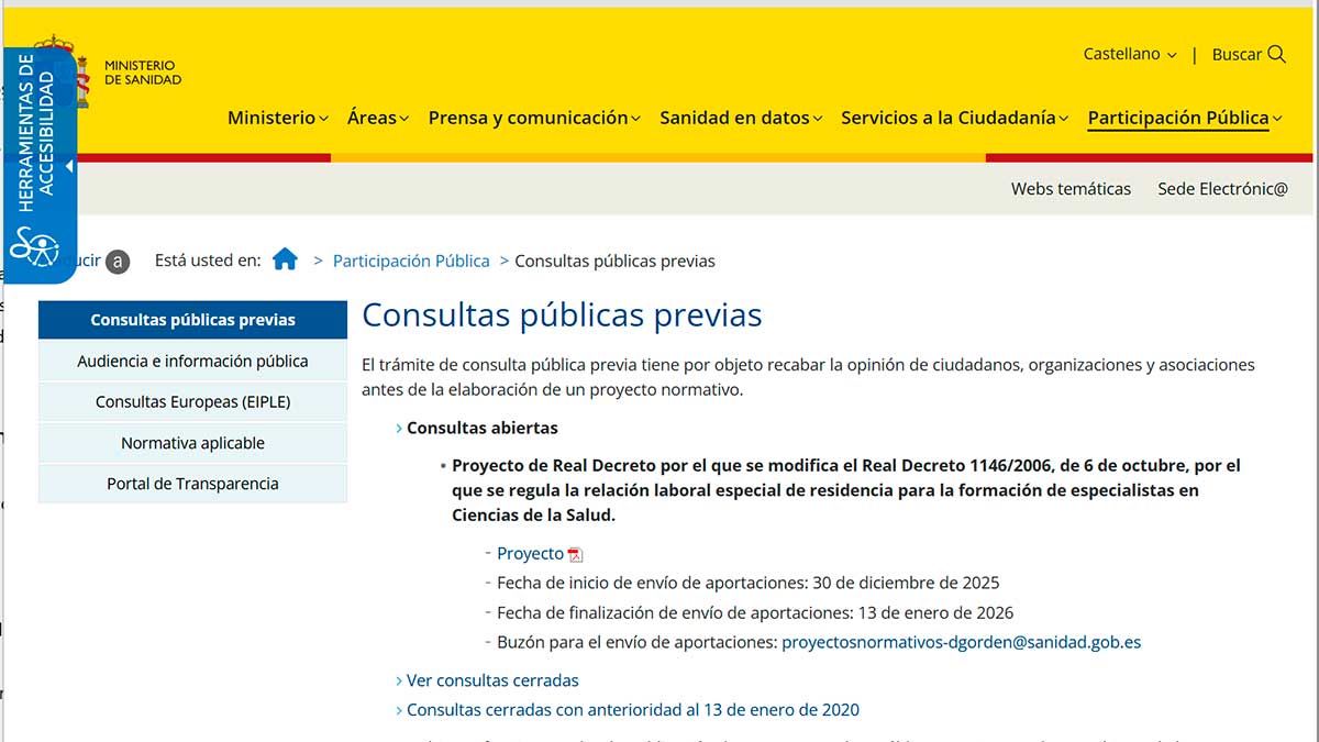 Captura de la web del Ministerio de Sanidad con la consulta pública previa para modificar el RD 1146/2006 sobre jornada y guardias de residentes MIR