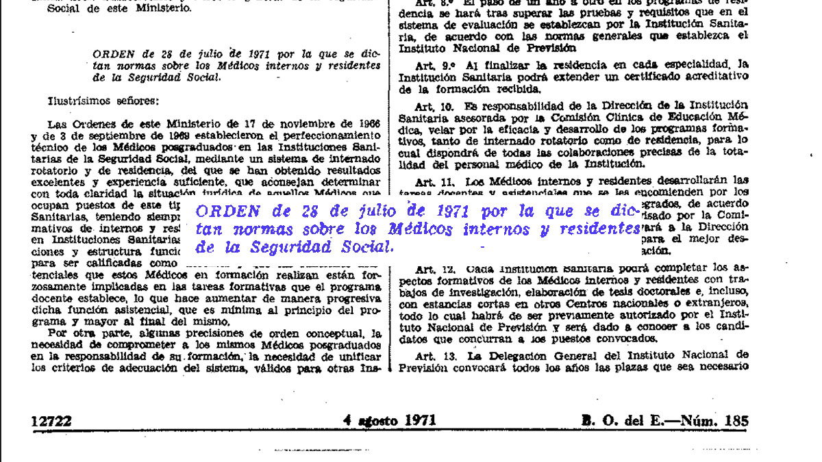 BOE 1971: normas sobre médicos internos y residentes (Seguridad Social)