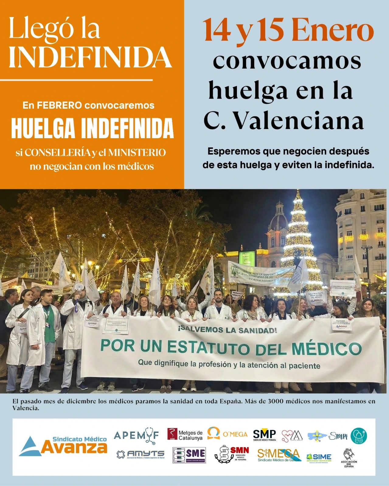 Cartel de huelga médica en la Comunitat Valenciana: 14 y 15 de enero y posible huelga indefinida desde febrero (APEMYF) con Sindicato Médico Avanza