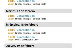 Calendario de actos previstos durante la semana de huelga (16–20 febrero) en el Hospital La Fe de Valencia: concentraciones y manifestación.