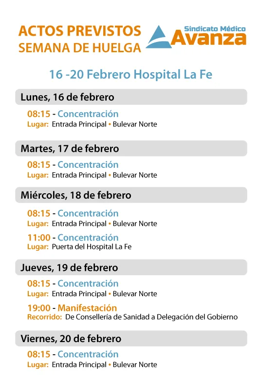 Calendario de actos previstos durante la semana de huelga (16–20 febrero) en el Hospital La Fe de Valencia: concentraciones y manifestación.