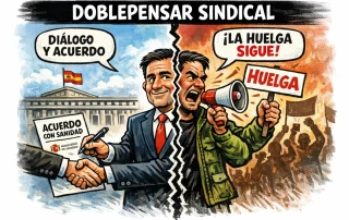 Viñeta sobre el doble discurso sindical en el acuerdo del Foro de la Profesión Médica con Sanidad mientras continúa la huelga médica por el Estatuto Marco