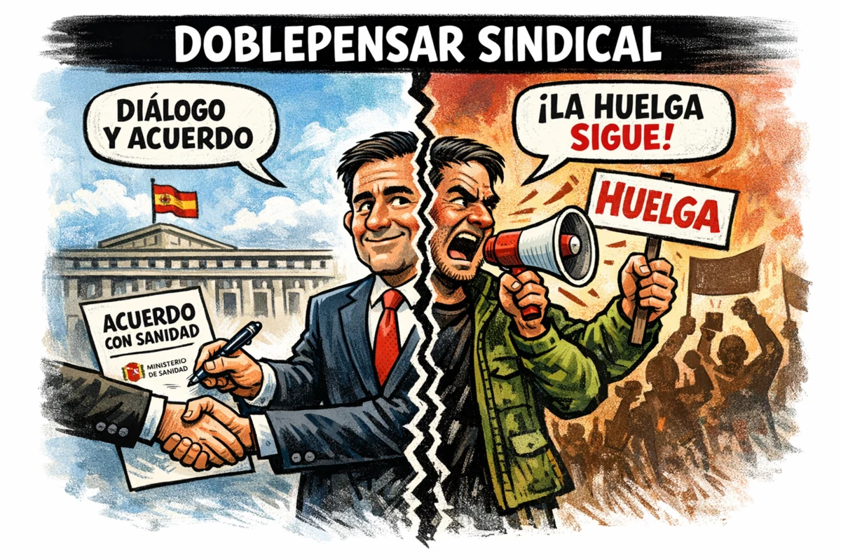 Viñeta sobre el doble discurso sindical en el acuerdo del Foro de la Profesión Médica con Sanidad mientras continúa la huelga médica por el Estatuto Marco