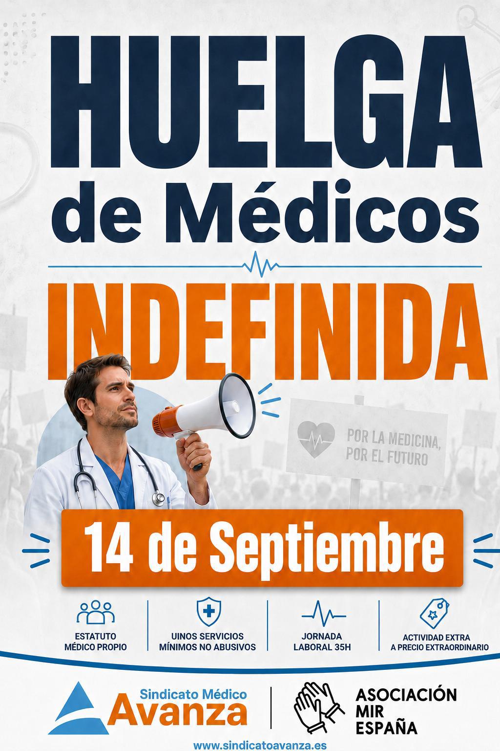 Cartel oficial de la convocatoria de huelga indefinida de médicos en la Comunidad Valenciana para el 14 de septiembre por el Sindicato Médico Avanza