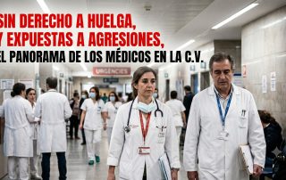 Médicos en un hospital con mensaje sobre derecho a huelga y exposición a agresiones durante la huelga médica.