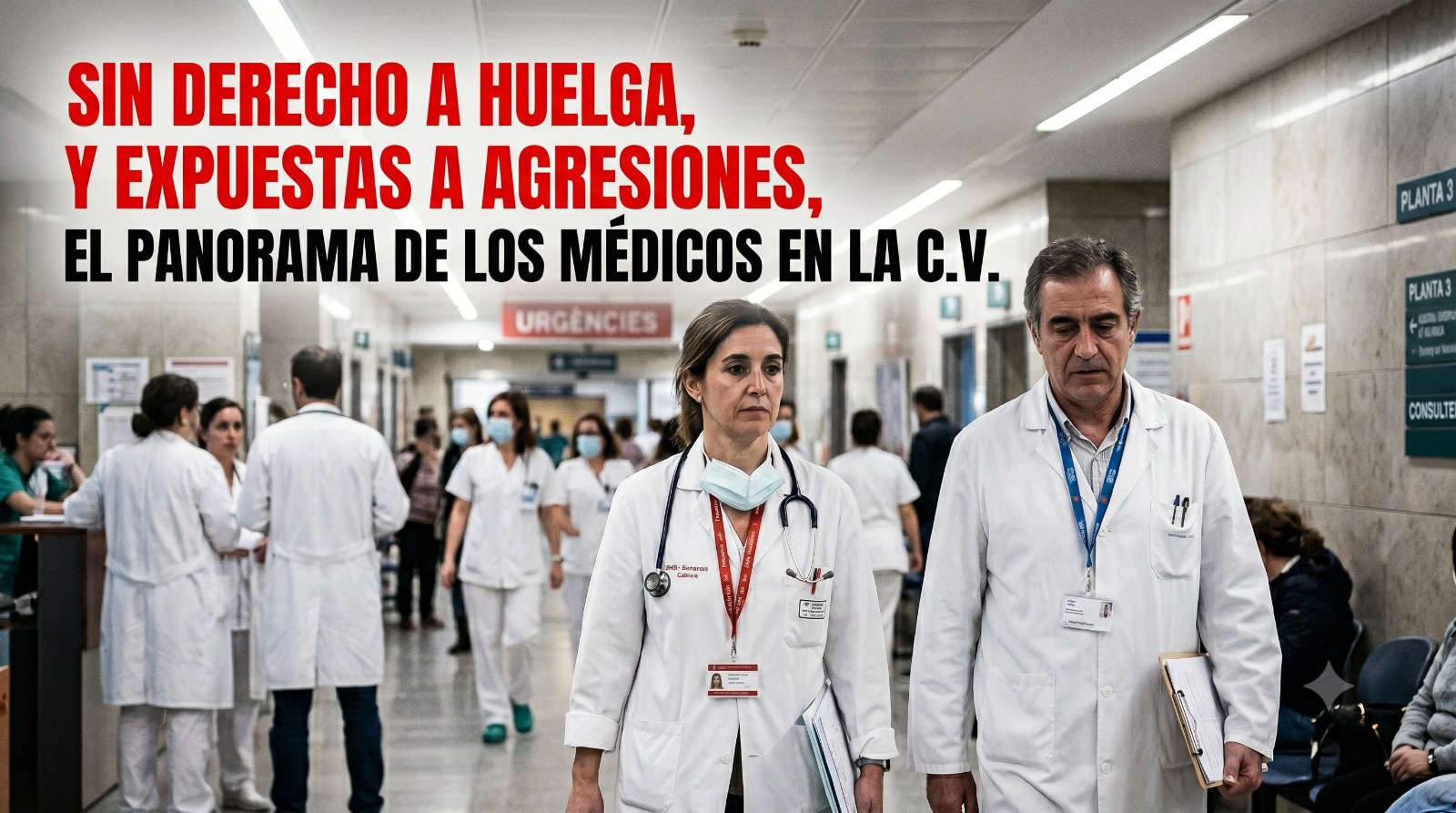 Médicos en un hospital con mensaje sobre derecho a huelga y exposición a agresiones durante la huelga médica.