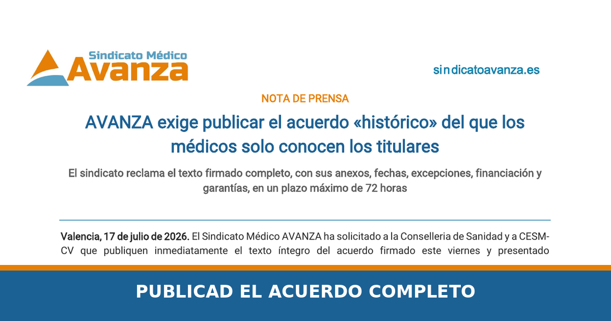 AVANZA exige publicar íntegramente el acuerdo anunciado como histórico por Sanidad