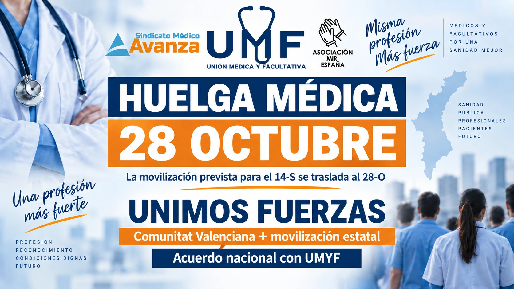 Cartel de la huelga médica del 28 de octubre con los logotipos de AVANZA, UMYF y Asociación MIR España